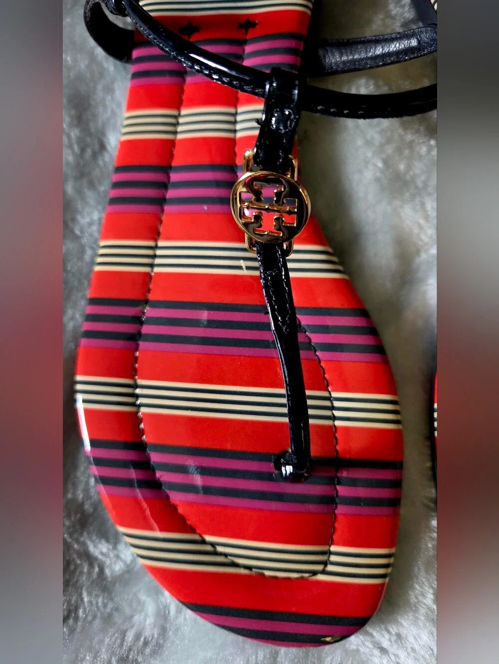 Tory Burch Red Striped Footbed Navy Patent T-Strap Sandals